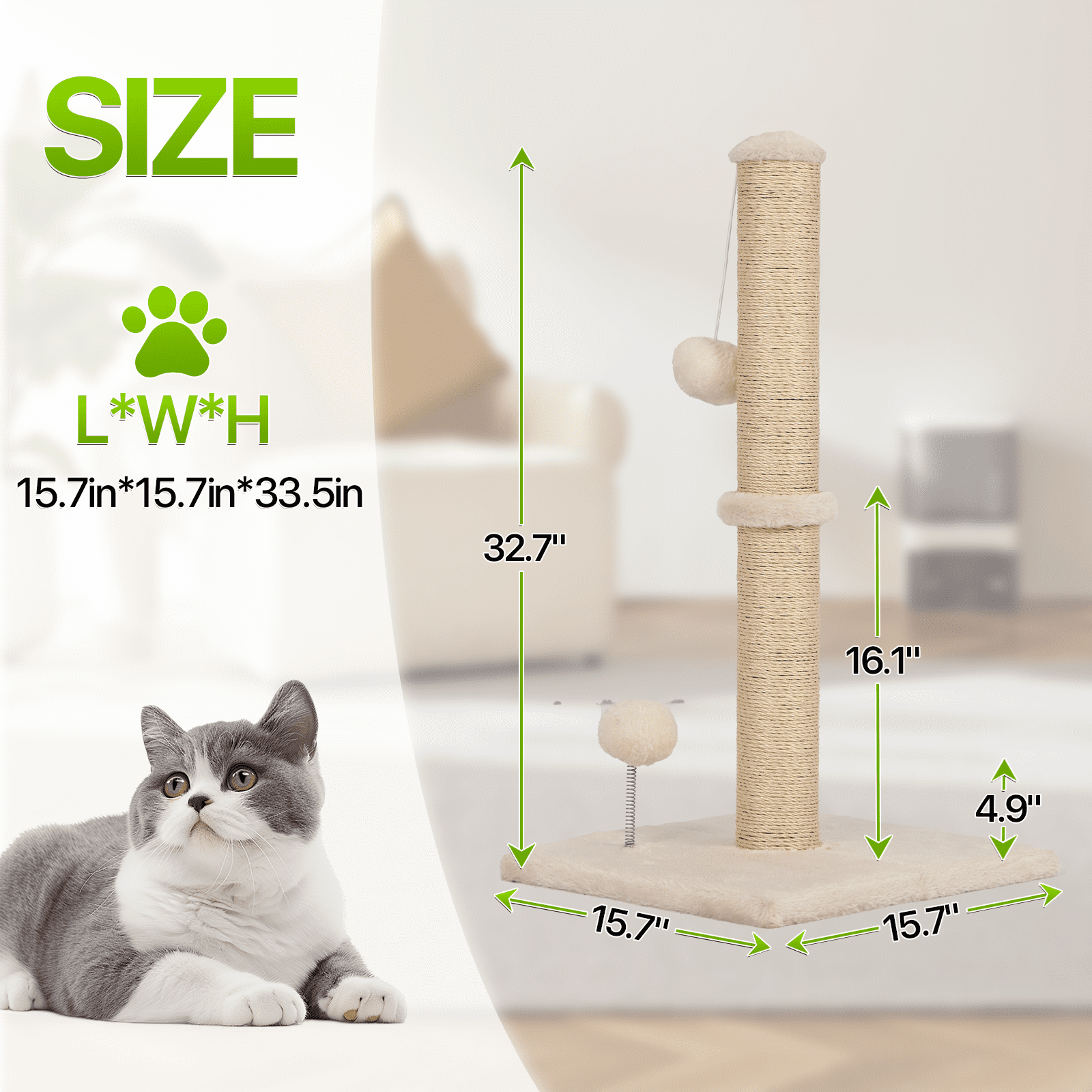 Dkelincs Cat Scratching Post with Sisal & Spring Ball Toy 33" Tall Cat Scratcher for Indoor Cats/Kittens Natural Sisal Scratch Post Trees for Living Room Bedroom, Beige