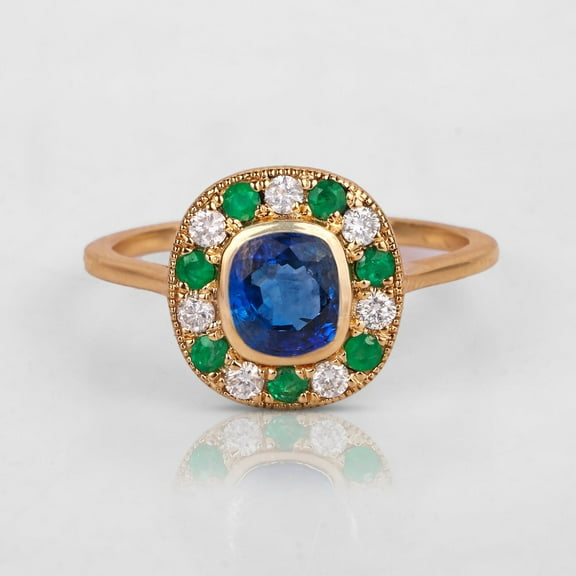 Flawless Cushion Blue Sapphire Wedding Band Ring, Round Emerald and Moissanite Handmade Ring, 925 Starling Silver Promise Gift March Birthstone Jewelry