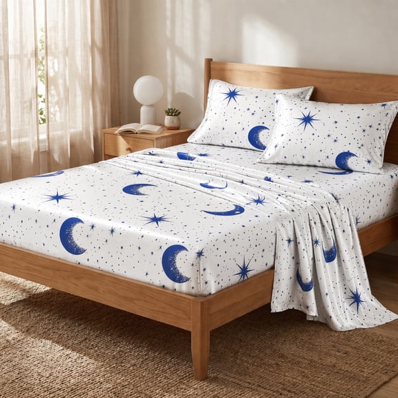 Soft Cozy Star‑Moon Printed 4‑Piece Bedding Set, Breathable non‑sticky fabric for naked sleep, skin‑friendly & ultra‑soft, easy to clean, all‑season usable, extra comfortable in summer
