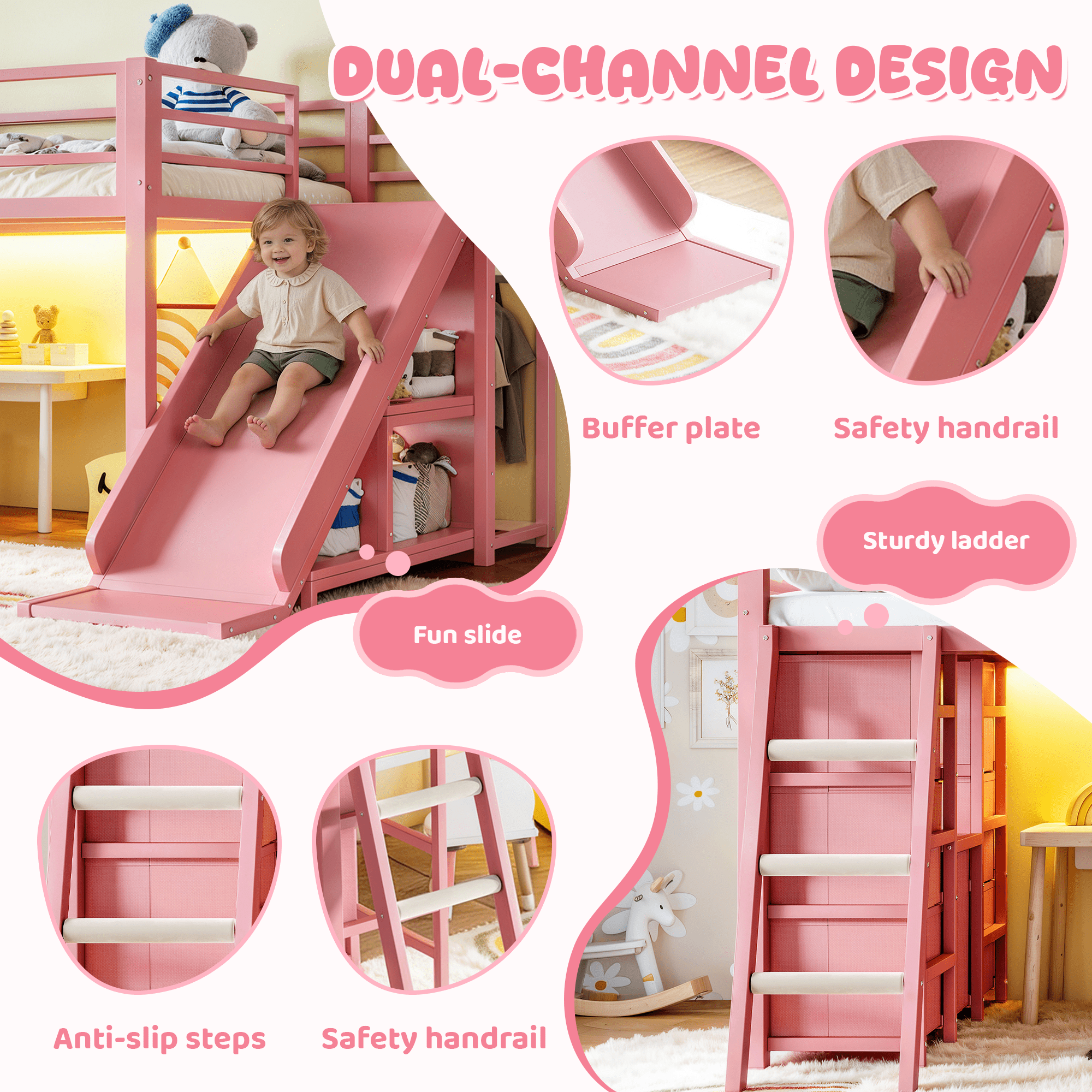 Leumius Twin Size Metal Loft Bed with Slide & Ladder, Metal Loft Bed with Storage Drawers and Hanging Area, LED Lights,Pink