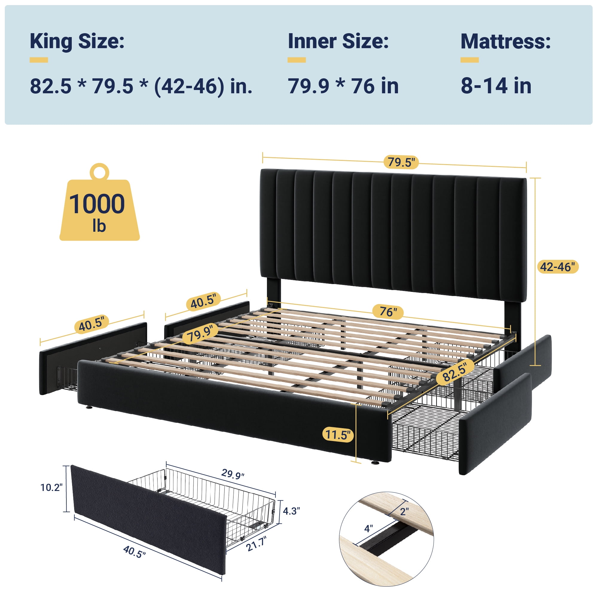 Allewie King Size Storage Bed Frame,Adjustable Headboard, Velvet Upholstered Platform Bed with 4 Oversized Underbed Drawers, Wooden Slats Support, No Box Spring Needed, Black