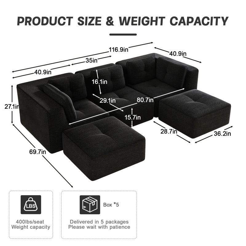 FFH 117" Oversized Modular Sectional Sofa with Movable Ottoman, U-Shaped Corduroy Cloud Couch Living Room Furniture Set, Black