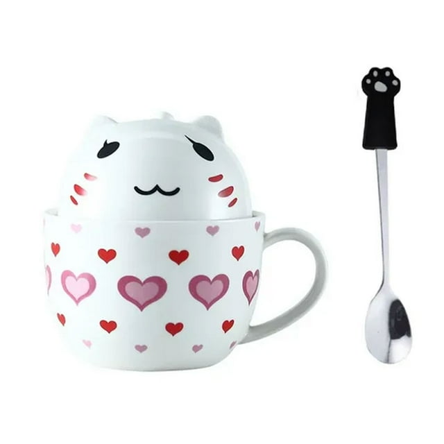 Taza Doble de Cerámica HappyWare Kawaii Corazones con Cuchara