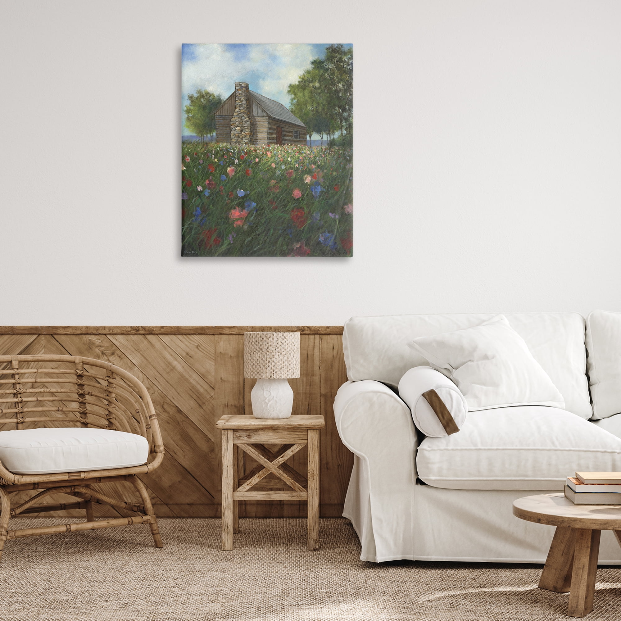 Stupell Industries Log Cabin Meadow Landscape Painting Gallery Wrapped Canvas Art Print Wall Art, 30 x 40