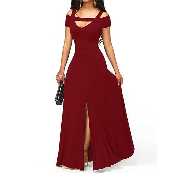 Karymi Summer Dress Cold Shoulder Maxi Dress, Cutout Front High Waist A-Line Slit Formal Evening Gown, Elegant Short Sleeve Prom Dress Dresses for Women