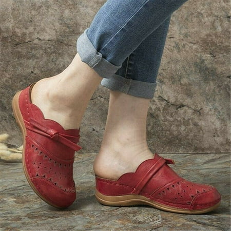 

SQUARE CARMEN Women Lace-up Closed Toe Comfortable Slip On Solid Color Wedge Slippers Sandals Red 39