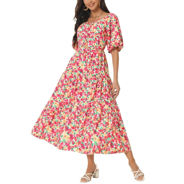 INSPIRE CHIC Robe d'Été pour Femme Décontractée Fluide de Plage à Encolure Carrée Manches Courtes Bouffantes Dos Smocké Boho à Fleurs Robe Maxi Rouge P