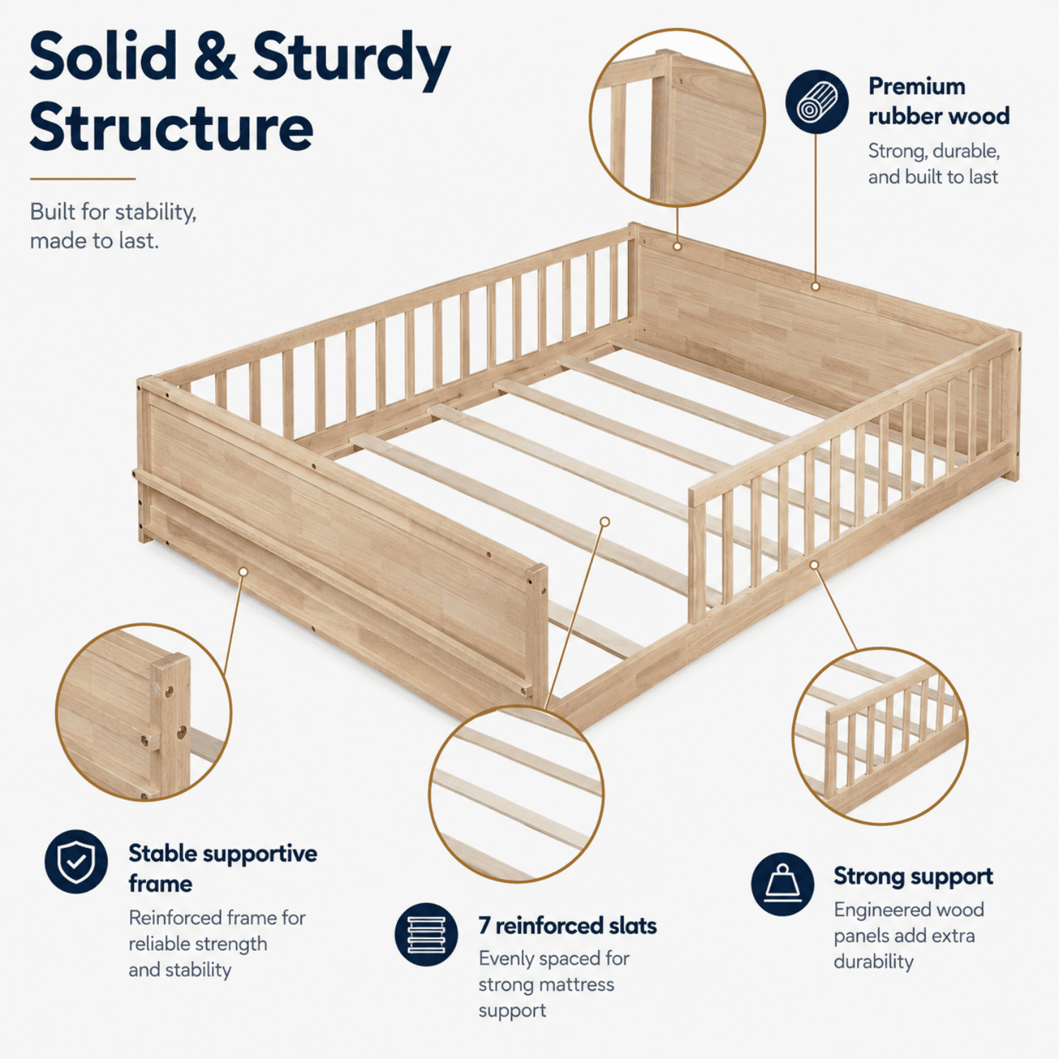 Miniyam Full Size Kids Floor Bed with Guardrails and Bookshelf, Wooden Low Profile Bed, Natural
