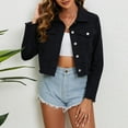 thumbnail image 2 of Juebong Womens Cropped Denim Jackets Casual Long Sleeve Short Button Barn Jean Jackets Frayed Hem Coat with Pockets Black,L, 2 of 4