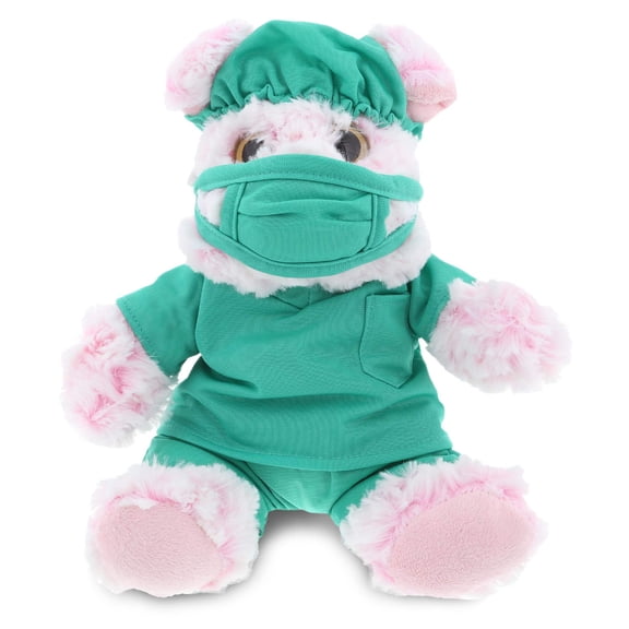 DolliBu Sitting Pig Doctor Plush Toy - Super Soft Pig Doctor Stuffed Animal Dress Up with Cute Scrub Uniform & Cap Outfit - 9" Inches