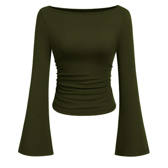 Women’s Long Sleeve Boat Neck Flared Cuff Slim Fit Ribbed Knit Top – Elegant Ruched Pullover Blouse for Casual or Party Wear Fashion Clothing for Women
