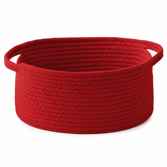 Woven Rope Storage Basket with Handles Ribbon Bag Small Organizer for Shelves Closets Empty Gift Basket for Birthday Books Dog Toys Red