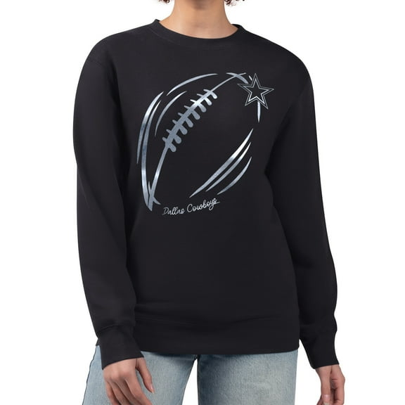 Women's G-III 4Her by Carl Banks Black Dallas Cowboys Metallic Print Football Sketch Fleece Crewneck Sweatshirt