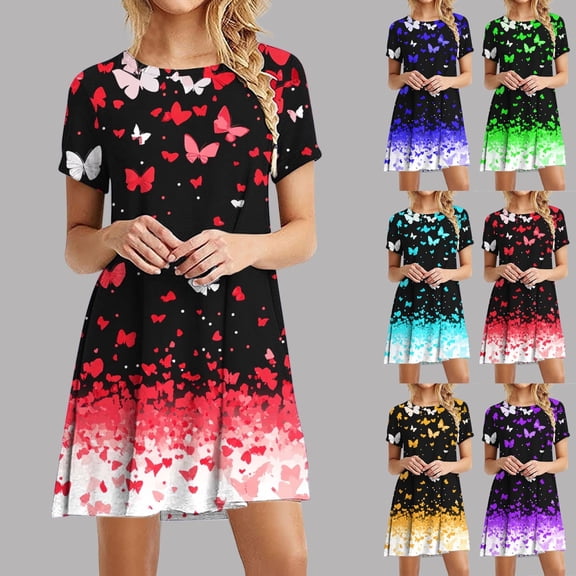 Juslio Womens Dress Butterfly Print Round Neck, Short Sleeve T-Shirt Dresses Casual Loose Midi Dress