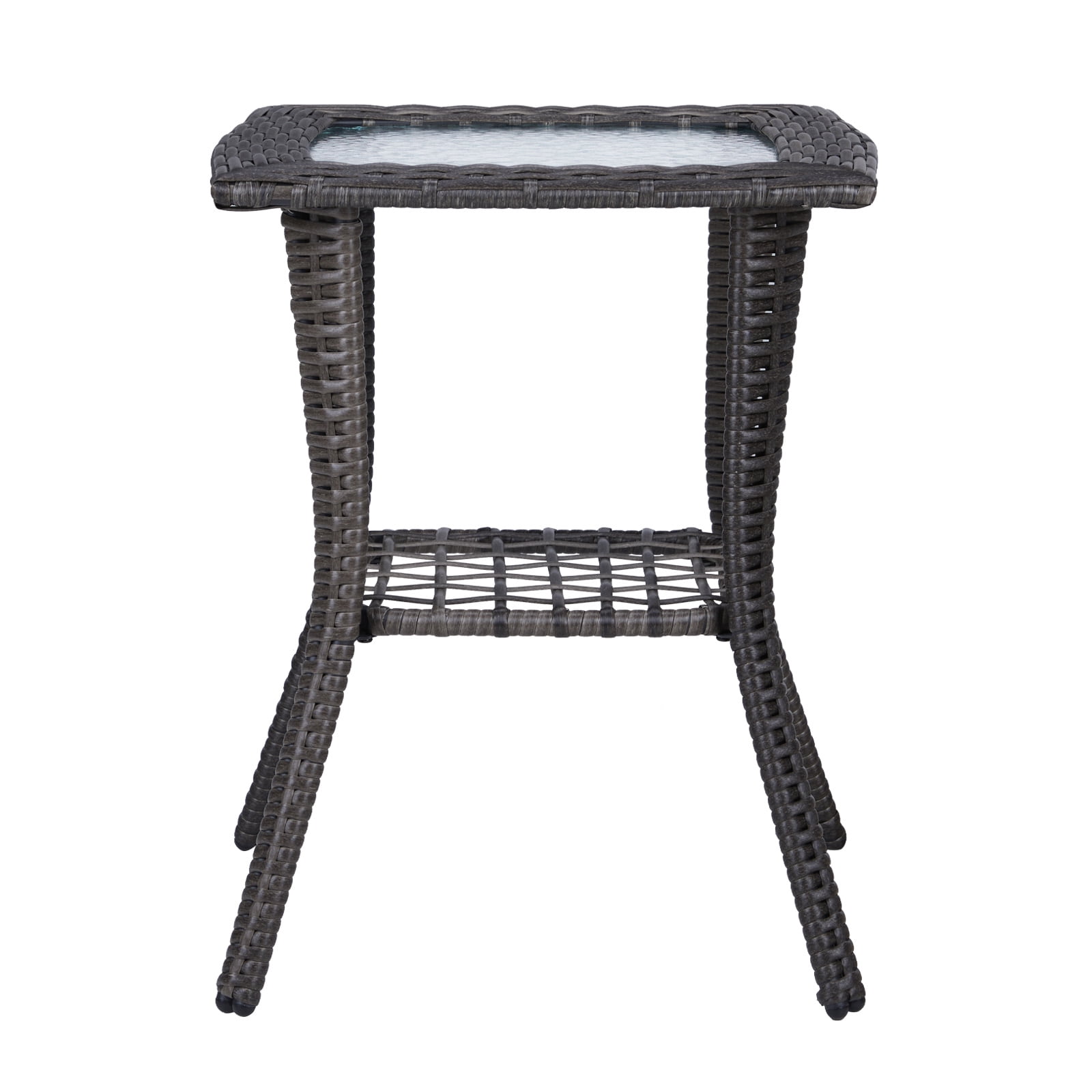 Wicker Side Table with Glass Table Top, Square PE Rattan Outdoor End Table for Patio, Garden, Poolside, Deck w/UV-Resistant Frame, Storage Space, Gray