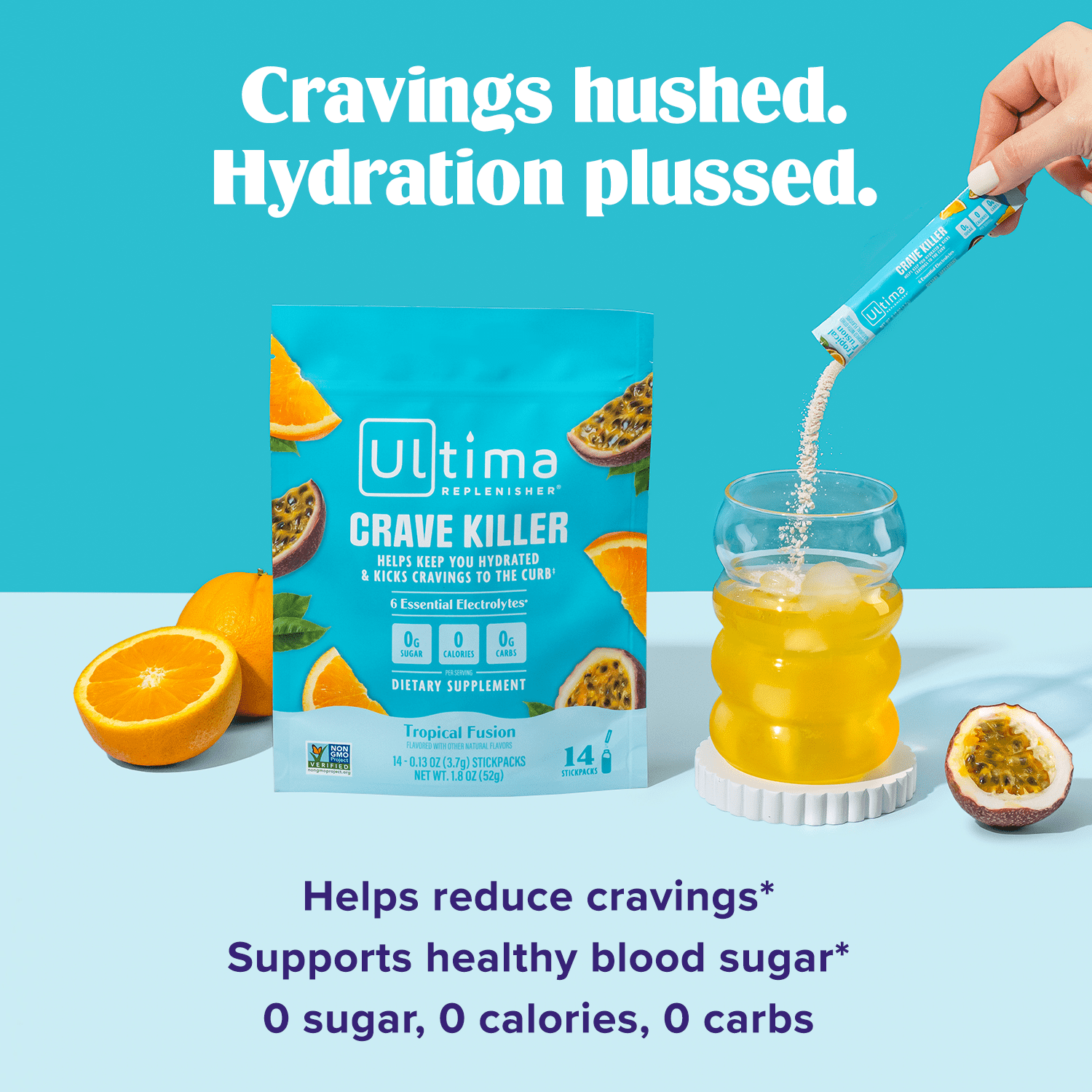 Ultima Replenisher Crave Killer Supplement & Electrolytes Powder – Tropical Fusion, 14 Stickpacks – Hydration Packets that Kick Cravings to the Curb