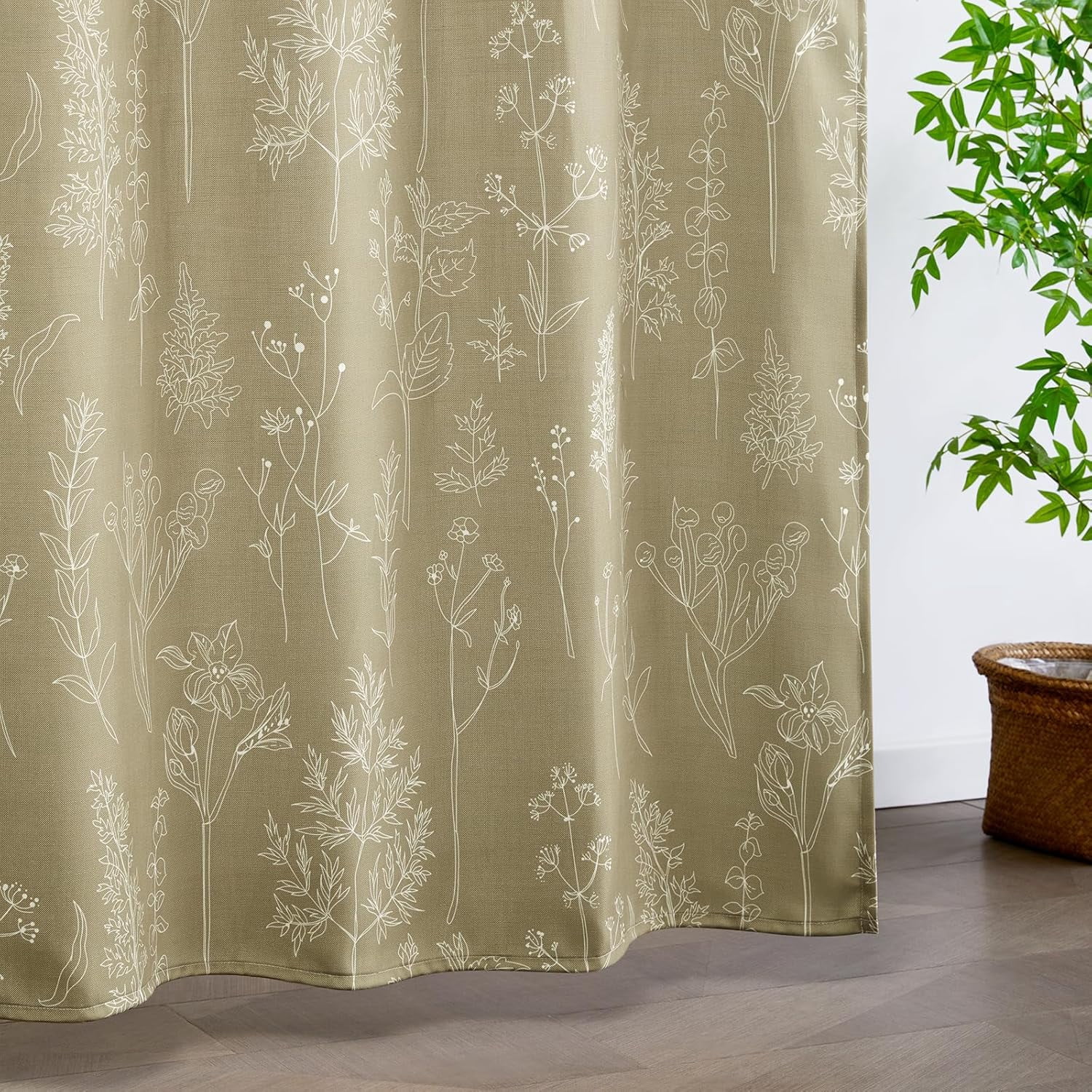 Vintage Botanical Linen Shower Curtain for Bathroom in Black and White, Heavy Duty 180GSM Textured Fabric Shower Curtain Set Cute Plant Leaves Design, Modern Farmhosue Boho Floral Bathroom Decor
