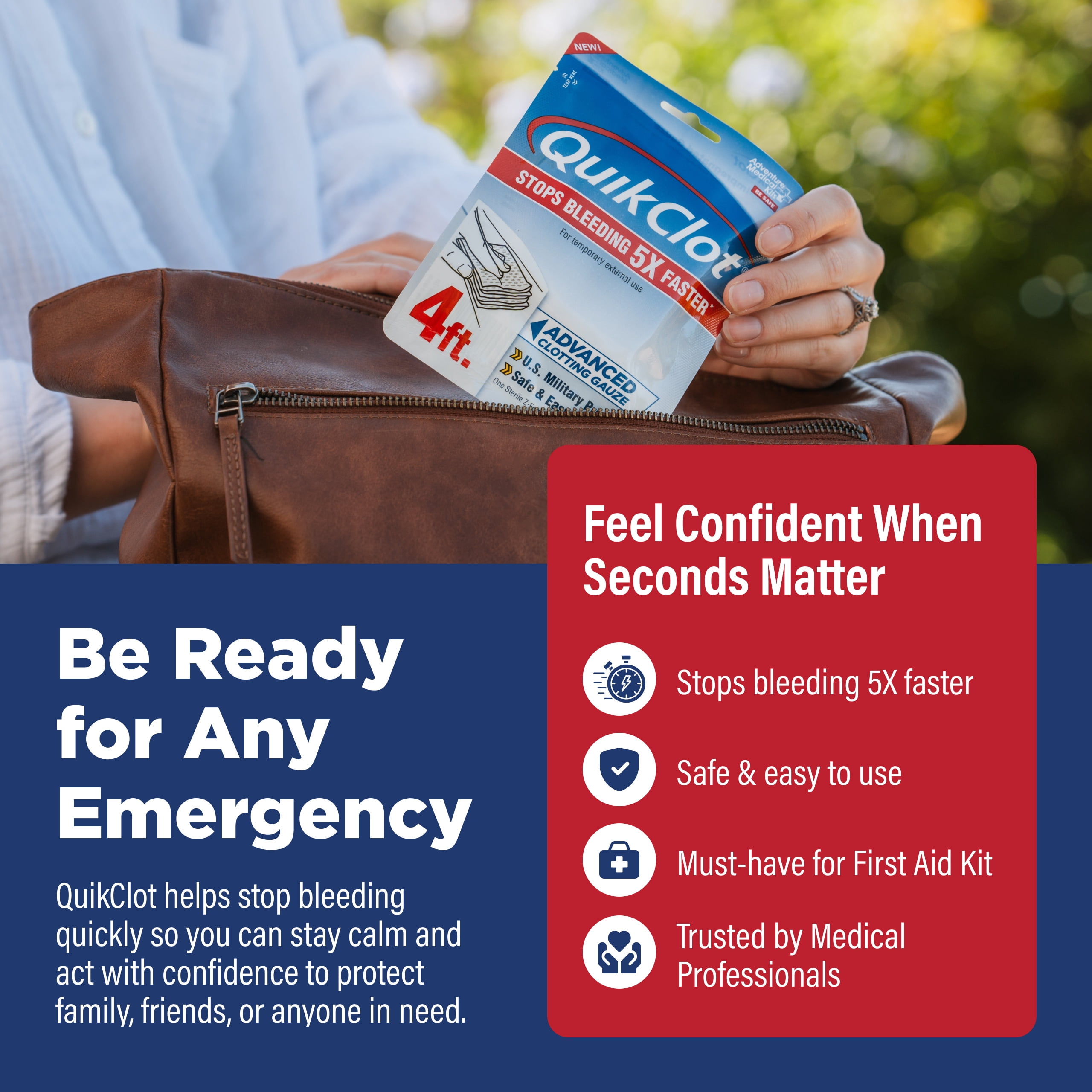 Adventure Medical Kits QuikClot Advanced Clotting Gauze - Stops Bleeding Up to 5x Faster Than Standard Gauze - Kaolin Hemostatic Dressing - For First Aid Kits & Survival Gear - 3 x 48"