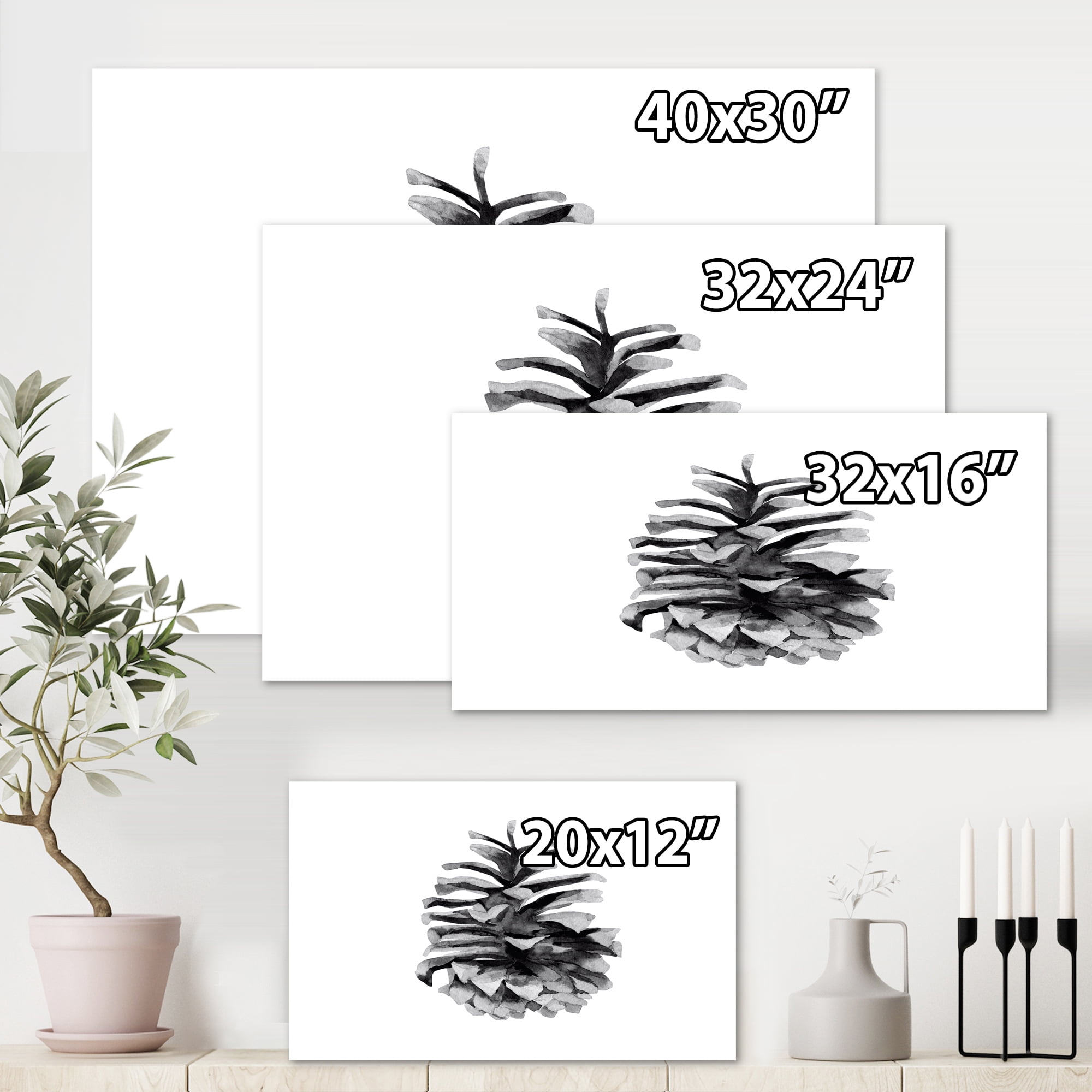 Designart ' Conifer Cone Black and White ' Traditional Canvas Wall Art Print
