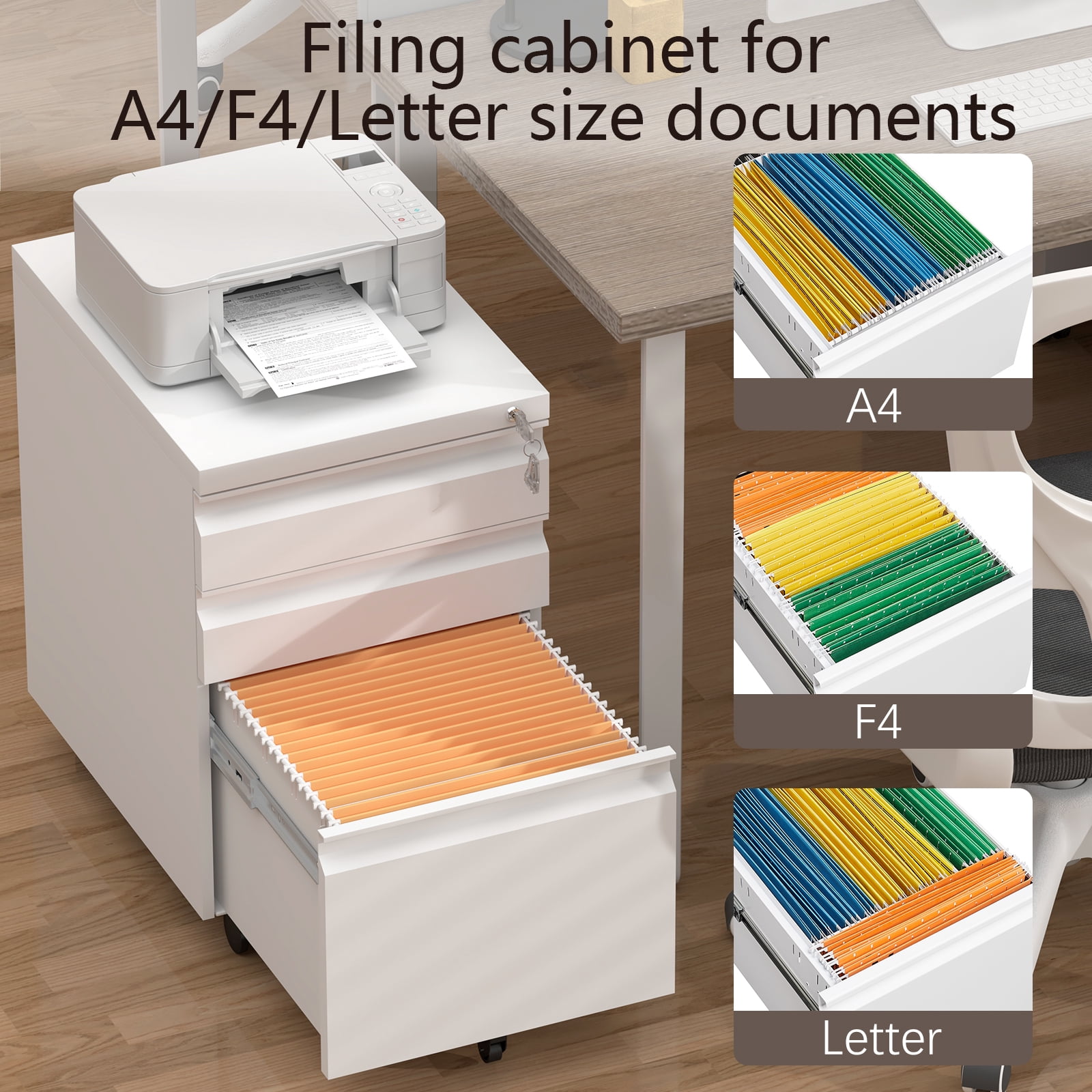 NICEGDLT 3 Drawer File Cabinet on Wheels,25.6" H White Filing Cabinet with Lock,Under Desk Metal File Cabinet for Home Office Organizer Letters/Legal/A4(Fully Assembled)