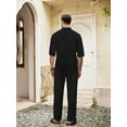 thumbnail image 2 of Men's Linen 2 Piece Outfit Long Sleeve Button Down Shirt with Elastic Waist Drawstring Lounge Pants Set Black M, 2 of 5