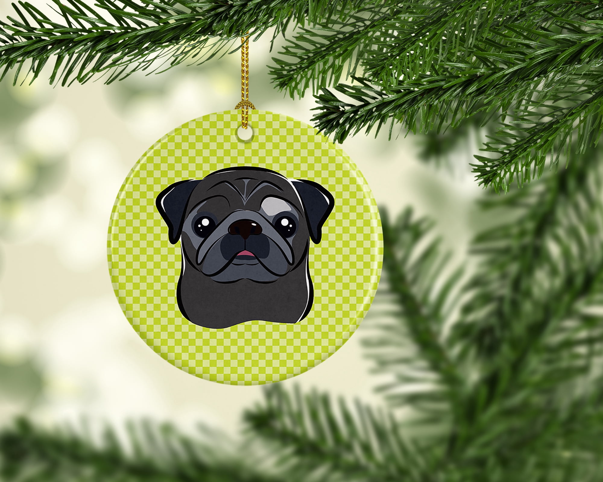 Carolines Treasures BB1325CO1 Checkerboard Lime Green Black Pug Ceramic Ornament 3 in multicolor