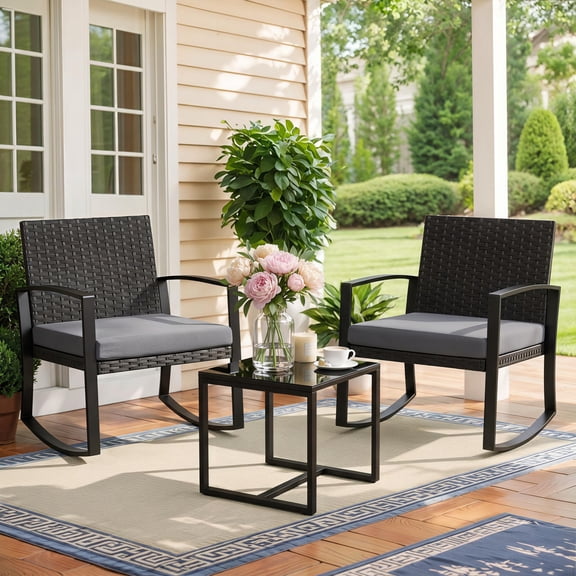 Noelse 3 Piece Wicker Rocking Chair Set, Outdoor Patio Furniture with Table and Cushions for Balcony, Gray