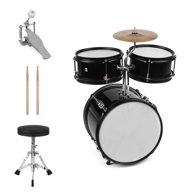 Muslady Enfants Juniors Débutants Ensemble de Tambours 3 Pcs Kit de Percussion Instrument de Musique avec Cymbales Baguettes Tabouret Réglable