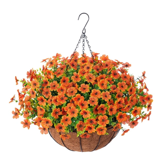 Cesta colgante de flores artificiales, adorno para maceta colgante con revestimiento de coco Naranja