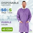 thumbnail image 2 of Purple Disposable Lab Coats, 45 GSM SMS Knee Length, 50 Count, Small, 2 of 8