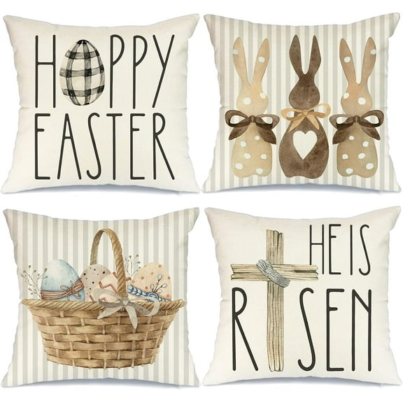 hofaaa Happy Easter Throw Pillow Covers 18x18 Set of 4 Easter Decorations for Home Bunny He is Risen Cross Eggs Decorative Spring Home Decor for Sofa Couch G209-18