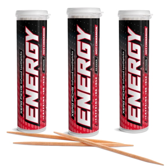 Xero Picks Energy Caffeine Flavored Toothpicks B12 for Focus & B6 (Hot Cinnamon, Pack of 3) Sugar-Free Alternative to Energy Mints & Gum - Kosher