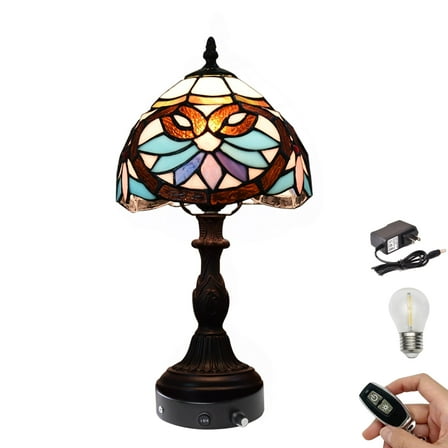 Kiven Cordless Table Lamp,1-Light Dimmable Bedside Lamps for Nightstand with Pink Glass Lampshade, Tiffany-Style Rechargeable Desk Lamp for Reading Home Decor Bedside TD0763
