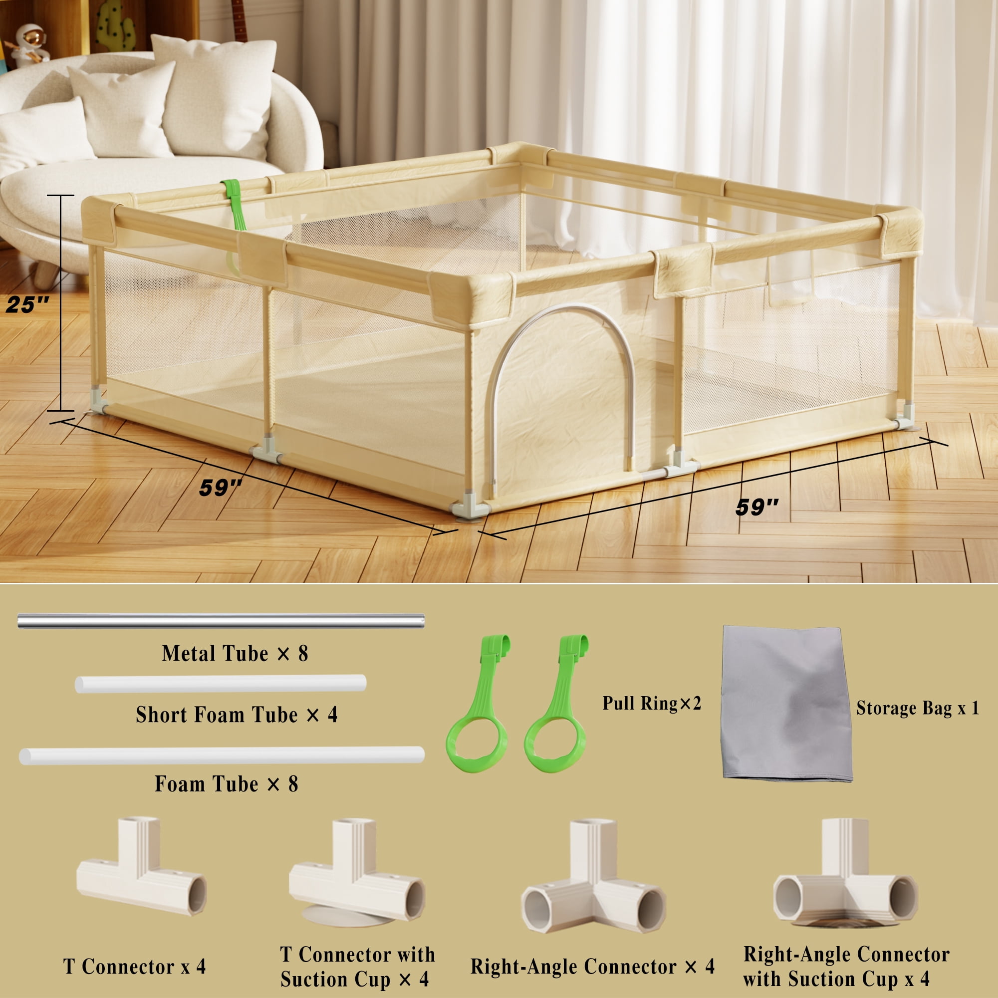 Easy4Home Large Baby Playpen 60"x60" Toddler Play Yards Safety Fence, Beige