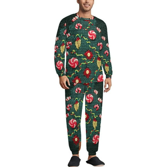 Knitted Christmas Tree Men's Pajama Set Sleepwear Pjs Lightweight Long Sleeve Crewneck Shirts and Bottoms Soft Comfy Sleep Sets XS