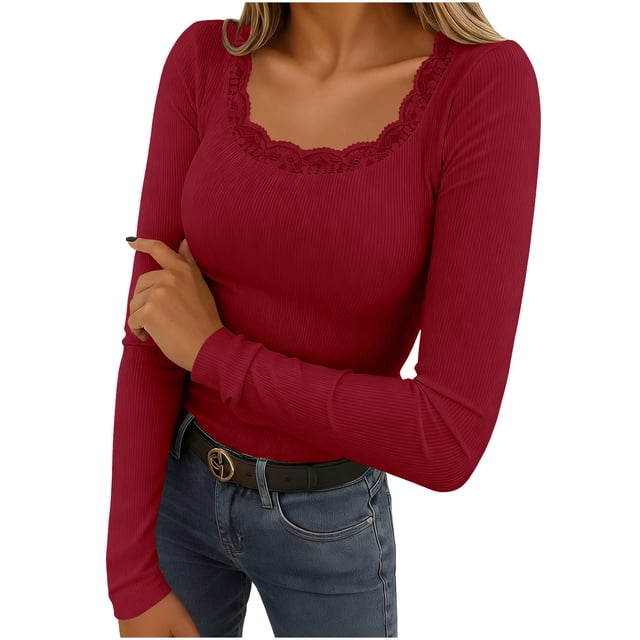 KIHOUT Women's Long Sleeve Ribbed Knit Lace Panel U-Neck Fitted Thermal Base Layer Top for Fall Winter Spring Casual Daily Wear