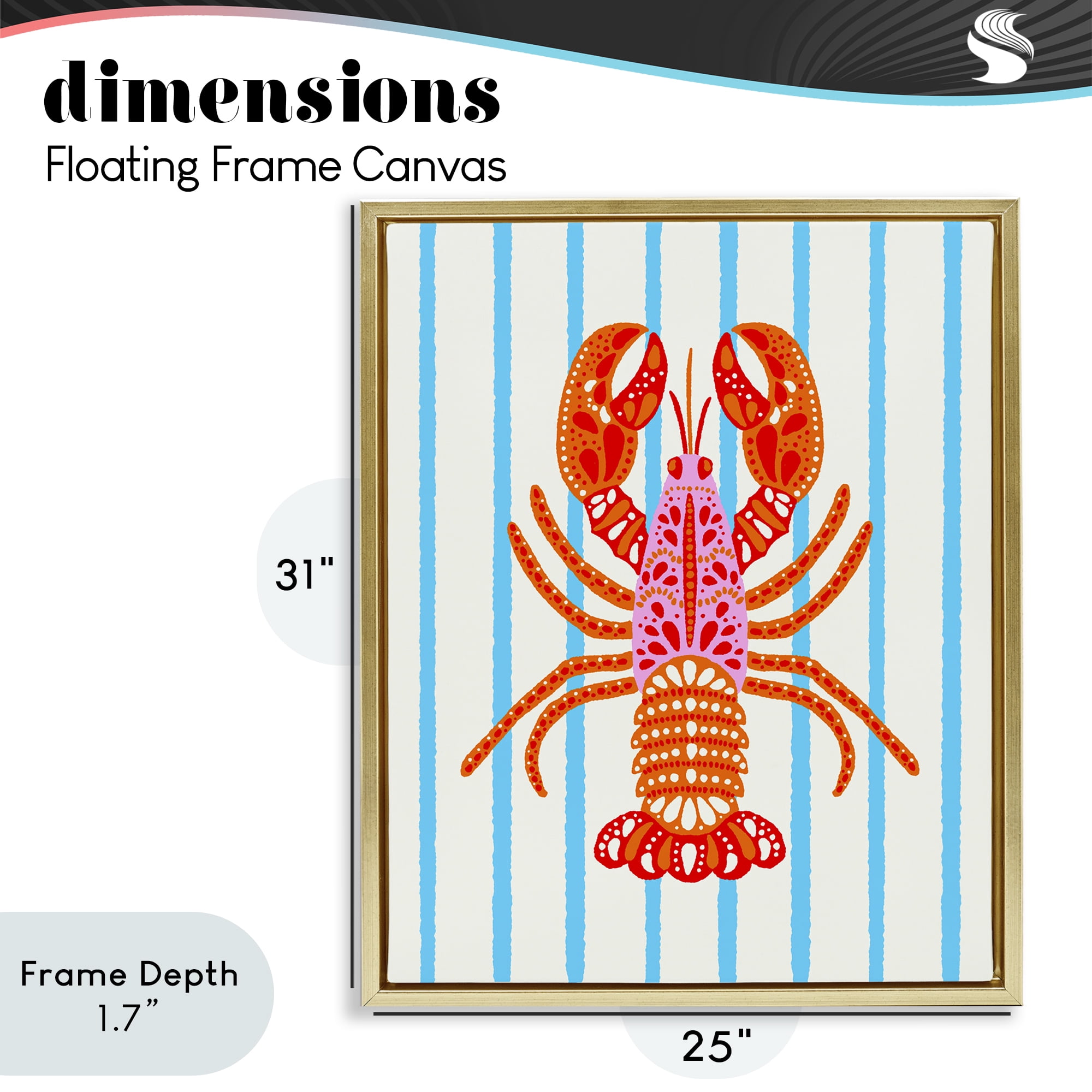 Stupell Industries Bright Boho Lobster on Stripes Gold Framed Floater Canvas Wall Art, design by Indira Prieto | IndySign