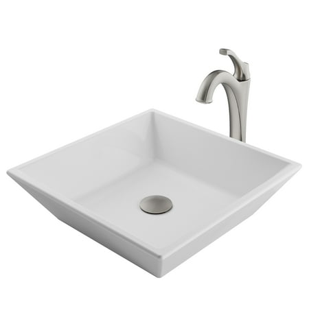 KRAUS Elavo™ 16-inch Square White Porcelain Ceramic Bathroom Vessel Sink and Spot Free Arlo™ Faucet Combo Set with Pop-Up Drain, Stainless Brushed Nickel Finish