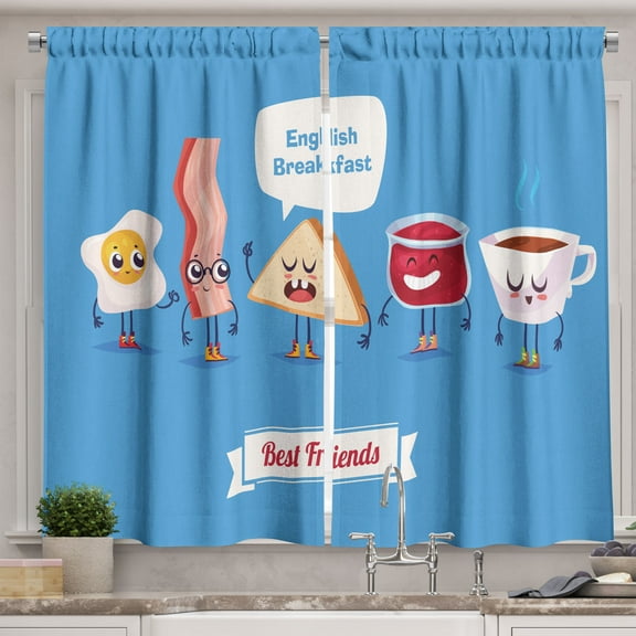 Ambesonne Breakfast Theme Kitchen Curtains, Friendly Characters, 55"x30", Sky Blue Multicolor