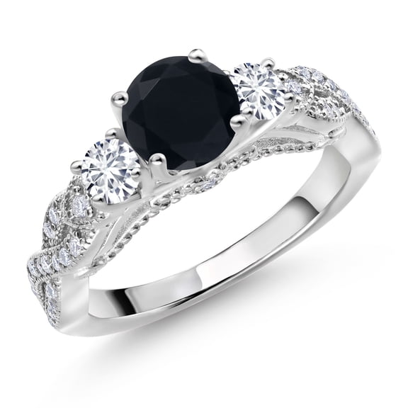 Gem Stone King 1.27 Cttw Black Onyx White Lab Grown Diamond and White Moissanite Engagement Ring for Women | 925 Sterling Silver | Round 6MM and 3MM | Wedding Anniversary Promise Ring | Size 7