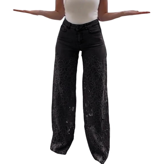 BODOAO Women's Lace Patchwork Jeans, High Waisted Straight Wide Leg Denim Pants, Hollow Out Sheer Flower Baggy Trousers with Stretch Fabric and Vintage Style Black L