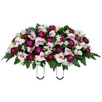 Sympathy Silks Artificial Cemetery Flowers - Violet Cabbage Rose and White Orchid - Saddle for Headstone