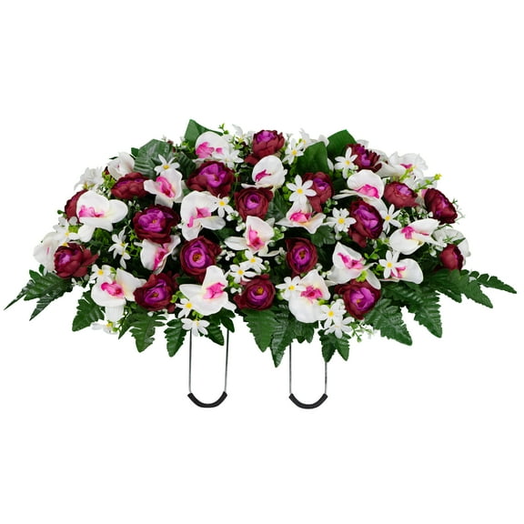 Sympathy Silks Artificial Cemetery Flowers - Violet Cabbage Rose and White Orchid - Saddle for Headstone