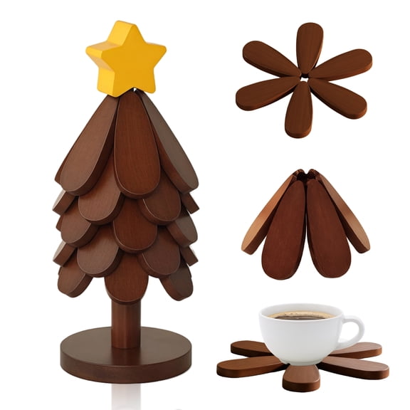 Yvagay Tree Trivet Table Mat for Hot Dishes, Foldable Tree Coasters for Pot、Bowl、teapot、hot Pot Holders, Self-Retracting Design,5 Wooden Coasters   1 Stand