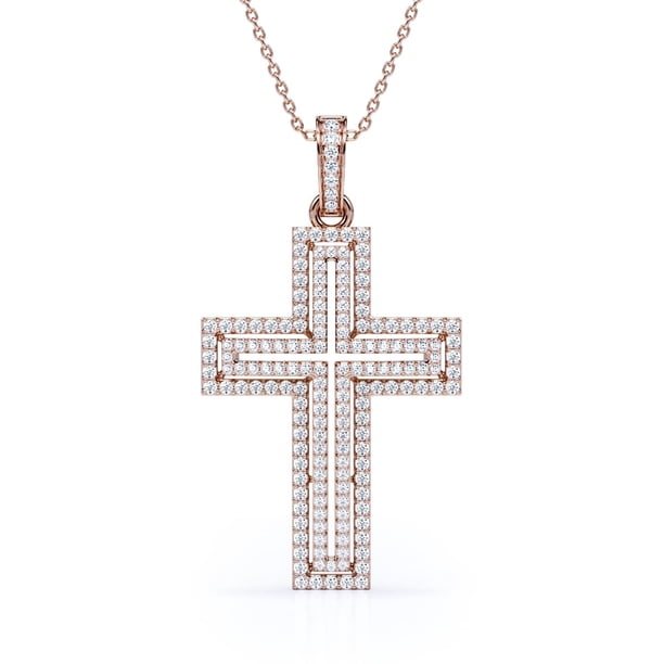 Collar con Colgante de Cruz de Pavé de Diamantes Redondos JeenMata 2 Capas 0,2 TCW Baño de Oro Rosa de 18 K sobre Plata