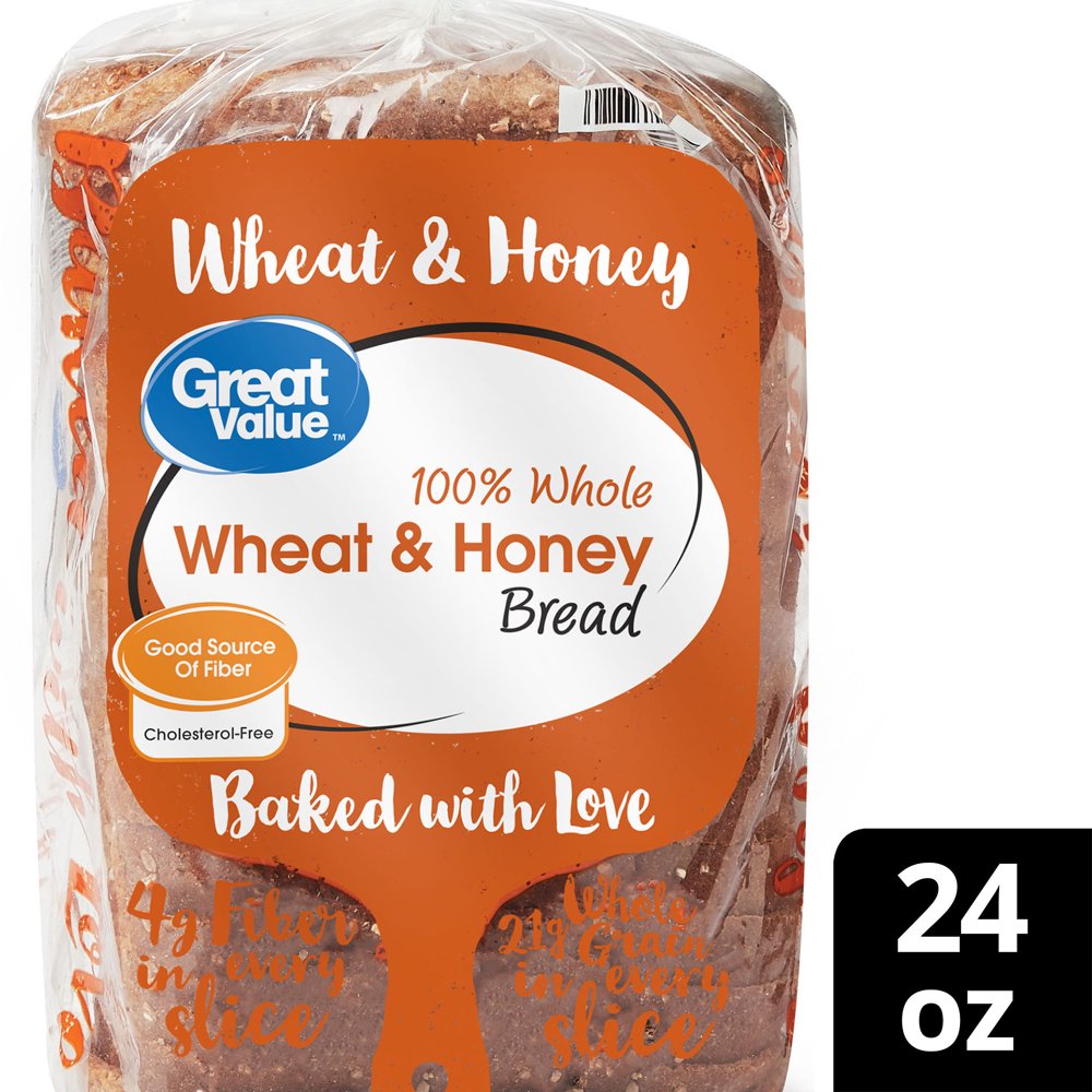 Great Value 100 Whole Wheat & Honey Bread, 24 oz