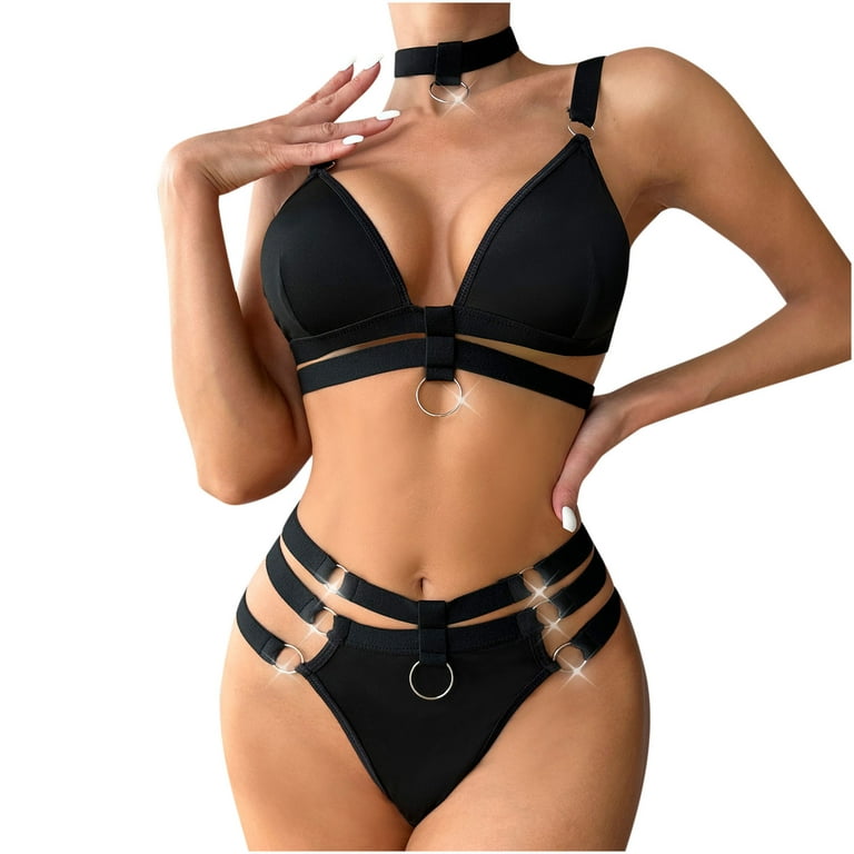 YYDGH Lingerie Set for Women O-Ring Linked Cut Out Choker Bra and Panty Set  Bondage Lingerie 3 Pieces Black L
