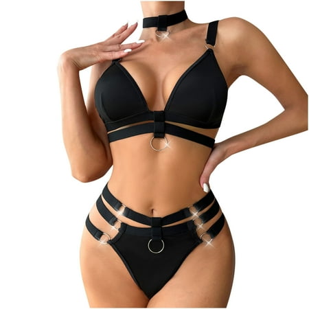 

Hfyihgf Sexy Lingerie Set for Women O-Ring Linked Cut Out Choker Bra and Panty Set Push Up Bodysuit Lingerie 3 Piece Sets(Black M)