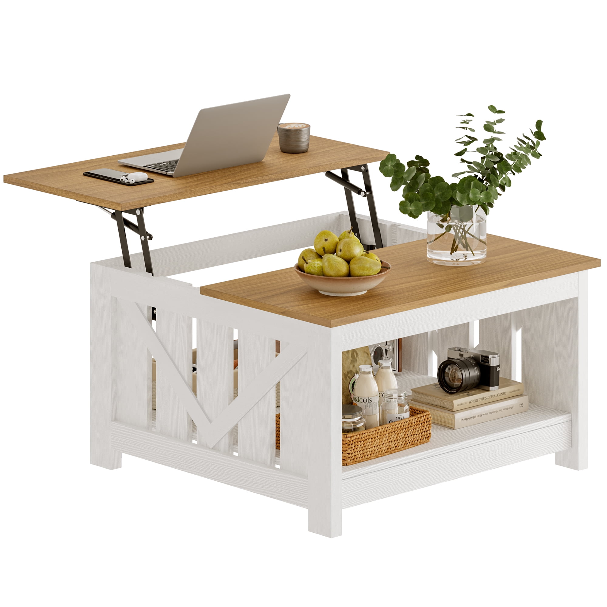 GUNAITO Lift Top Coffee Table with Storage Cabinet and 2 Compartments for Living Room, White, 31.5''Hx31.5''W in