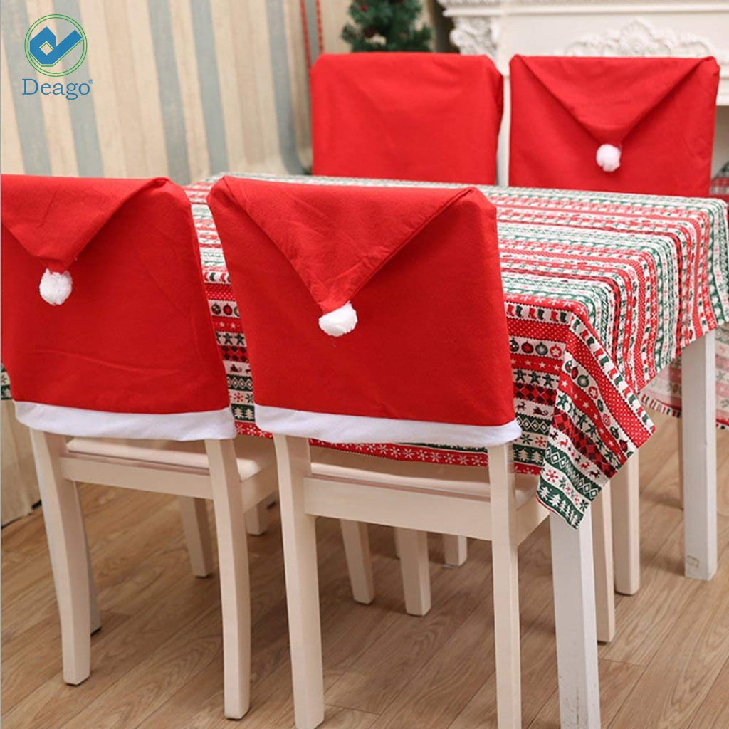 Deago 4 PCS Santa Clause Hat Chair Covers Red Hat Kitchen Chair
